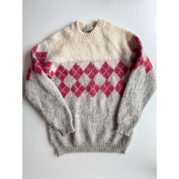 Vintage SAMBAND Made in Iceland Argyle 100% Wool Knit Crew Neck Sweater, Size L - Picture 3 of 11